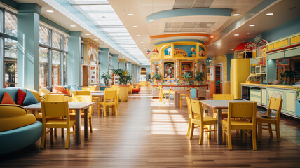 Kindergarten interior equipment, playroom and daycare center. Generative AI