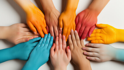 Fototapeta premium Many different hands of kids arranges in a circle with the hand palms painted with colored paint, white background,. Generative AI