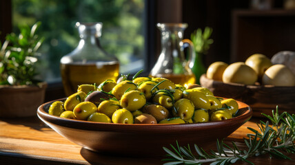 olives on wooden table with olive oil on the side. Generative AI