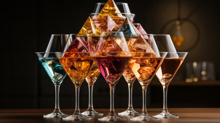 Pyramid of glasses with champagne close up. Generative AI