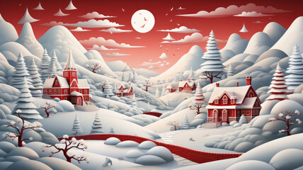 red and white snowy village in winter background for the Christmas card. Generative AI