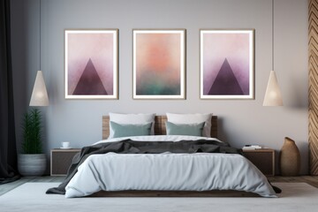 Cozy interior of bedroom with mock up poster frames.