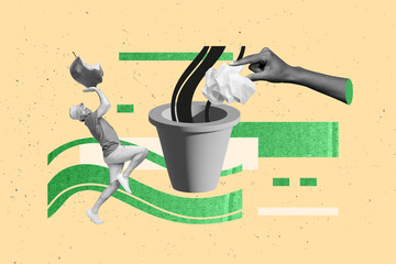 Photo illustration collage of young guy volunteer throwing food trash rubbish bin paper pollution...