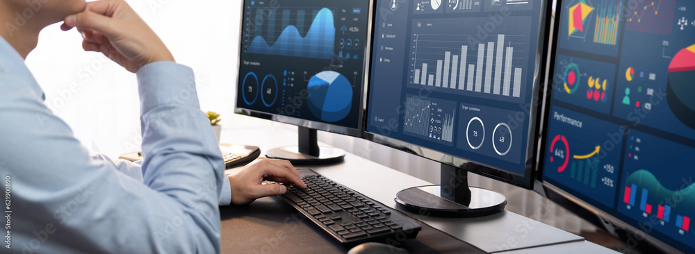 Poster analyst working on data analysis or bi dashboard on computer monitor. businessman analyzing financia