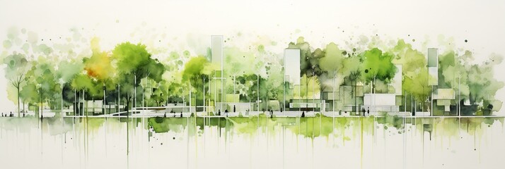 Sustainable Urban Planning Watercolor Illustration - Green Park Concept