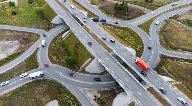 Drone aerial view of cars and trucks on the motorway