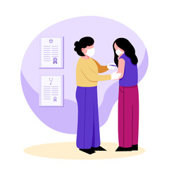 Doctor holding syringe and makes injection to adult lady in clinic. Getting protection from diseases. Boosting immune system health. Time for making vaccines. Vector flat illustration in purple colors