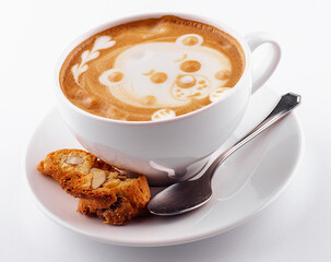 White cup cappuccino coffee with a latte-art pattern in the form of a bear