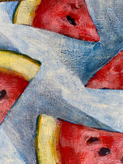 Watermelon. Fruit abstraction of watermelon. Juicy cut watermelon on the surface Illuminated by the rays of the sun. 