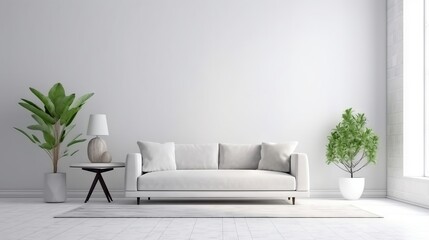 Large blank smooth beige wall in ultra modern minimalistic furniture living room. Generative AI