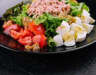 Tuna and vegetable salad on black plate