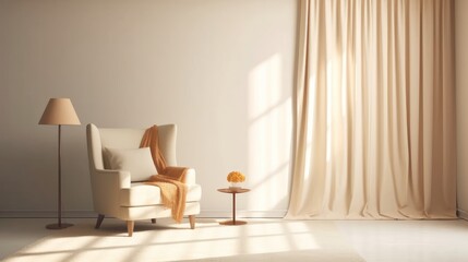 Large blank cushion armchair to sunny window in living room