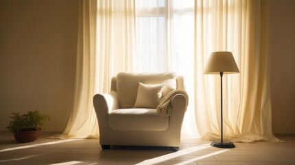 Large blank cushion armchair to sunny window in living room. Generative AI 1