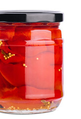 Sweet red peppers in a glass jar isolated on a white background