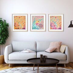 Modern bright interior with sofa and poster mockup frames on empty wall in living room interior with sofa and pillows.