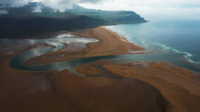 Aerial view of Radisandur coastline with sand, Westfjords, Iceland.
