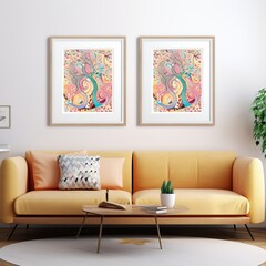 Modern bright interior with sofa and poster mockup frames on empty wall in living room interior with yellow sofa and pillows. Template. Generative AI.
