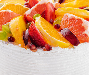 Delicious fruit mousse cake close up