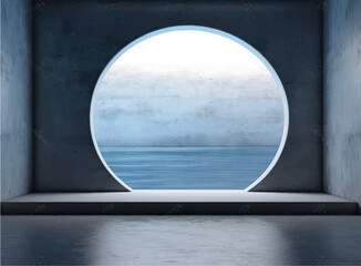 Abstract empty, modern concrete room with circular opening with ocean view on the back wall and rough floor - industrial interior background template, 3D illustration
