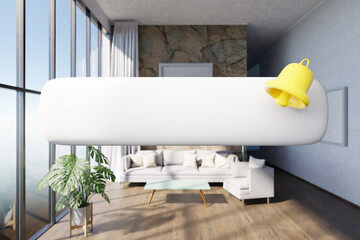 search box with text floating in air in luxurious loft apartment with window; minimalistic interior living room design; 3D Illustration