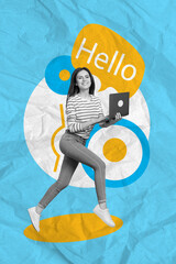 Vertical collage of cheerful black white gamma girl run use netbook chatting dialogue bubble hello...