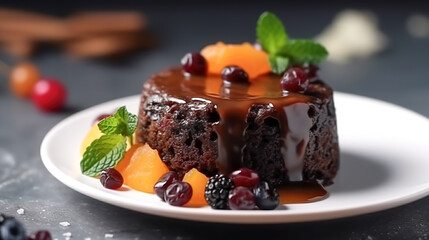 Close-up, chocolate dessert with mint and berries, generative AI.