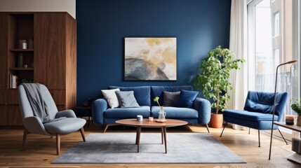 Home interior mock-up with blue sofa and a poster on the wall, wooden table and decor in a blue living room. Generative AI.