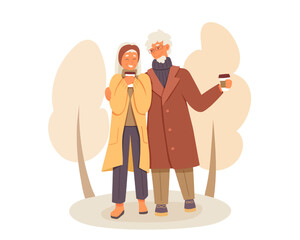 Senior couple enjoying autumn together. Positive grandparents in fashionable outfits. Happy old age. Cool lifestyle of pensioners. Vector flat illustration in warm colors