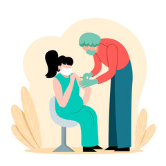 Medical worker makes antiviral injection to pregnant woman. Time for boosting immune system health. Concept of flu or coronavirus vaccination. Vector illustration in green and red colors