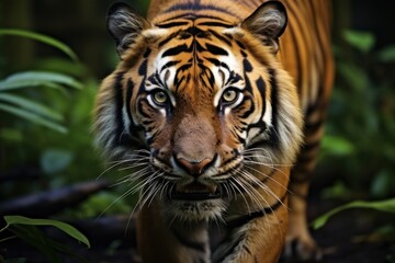 Sumatran tiger in forest background stalking prey, beautiful Asian tiger