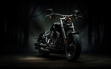 A motorcycle parked in a dark room. AI
