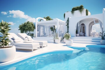 Traditional mediterranean white house with pool on hill with stunning sea view. Summer vacation background. Generative AI.