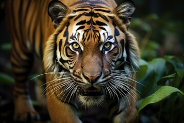 Fototapeta premium Sumatran tiger in forest background stalking prey, beautiful Asian tiger