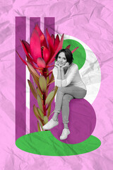 Vertical collage picture of black white colors lovely mini girl big flower isolated on drawing paper purple background