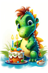 A cartoon dragon with a birthday cake. Generative AI. Happy Birthday cute greeting card.
