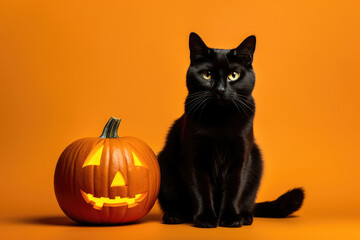 Black cat seating next to the pumpkin