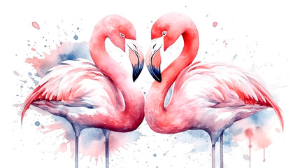 Two pink flamingos on a white background, generative AI.