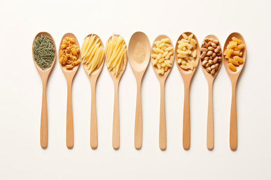 Above view of wooden spoons with different types of pasta inside isolated on white background with copy space. Creative concept for Italian cuisine week. Generative AI photo.