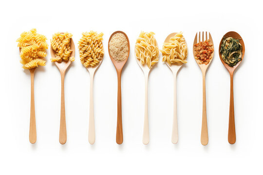 Above view of wooden spoons with different types of pasta inside isolated on white background with copy space. Creative concept for Italian cuisine week. Generative AI photo.