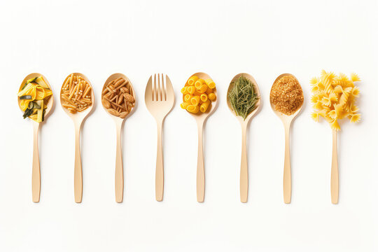 Overhead view of wooden spoons with different types of pasta inside isolated on white background with copy space. Creative concept for Italian cuisine week. Generative AI photo.