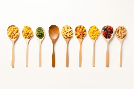 Overhead view of wooden spoons with different types of pasta inside isolated on white background with copy space. Creative concept for Italian cuisine week. Generative AI photo.