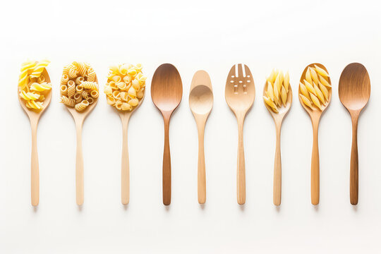 Top view of wooden spoons with different types of pasta inside isolated on white background with copy space. Creative concept for Italian cuisine week. Generative AI photo.