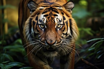 Fototapeta premium Sumatran tiger in forest background stalking prey, beautiful Asian tiger