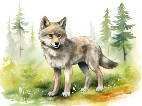 Cute watercolor wolf, illustration for children