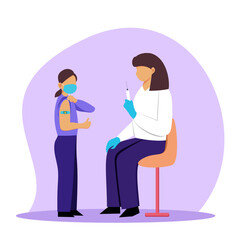 Female doctor holding syringe and giving vaccine shots to kids. Getting vaccines against diseases. Boosting immune system health for children. Vector flat illustration in purple colors