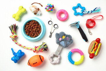 Fototapeta na wymiar Pet care, training concept. Set of toys for dogs and cats on white background. Flat lay, top view.