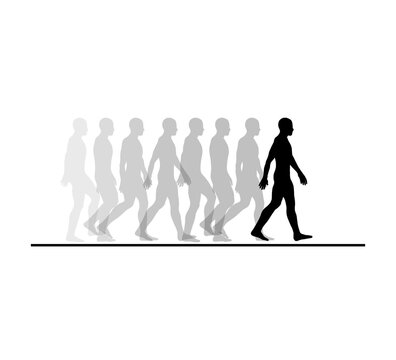 Chronophotography capturing human gait dynamics. Continuous motion sequence illustrates biomechanical walking cycles, phase progression, forward locomotion velocity, and posture kinematics