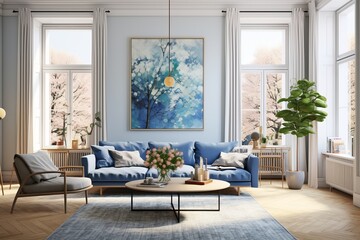 Home interior mock-up with blue sofa and a poster on the wall, wooden table and decor in bright living room. Generative AI.