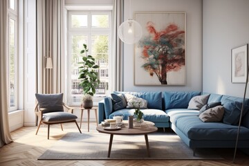 Home interior mock-up with blue sofa and a poster on the wall, wooden table and decor in bright living room. Generative AI.