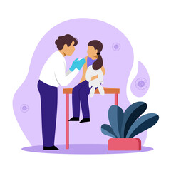 Doctor holding syringe with vaccine and vaccinates girl. Concept of protection from pandemic outbreak. Immunization schedule for kids. Vector flat illustration in purple colors